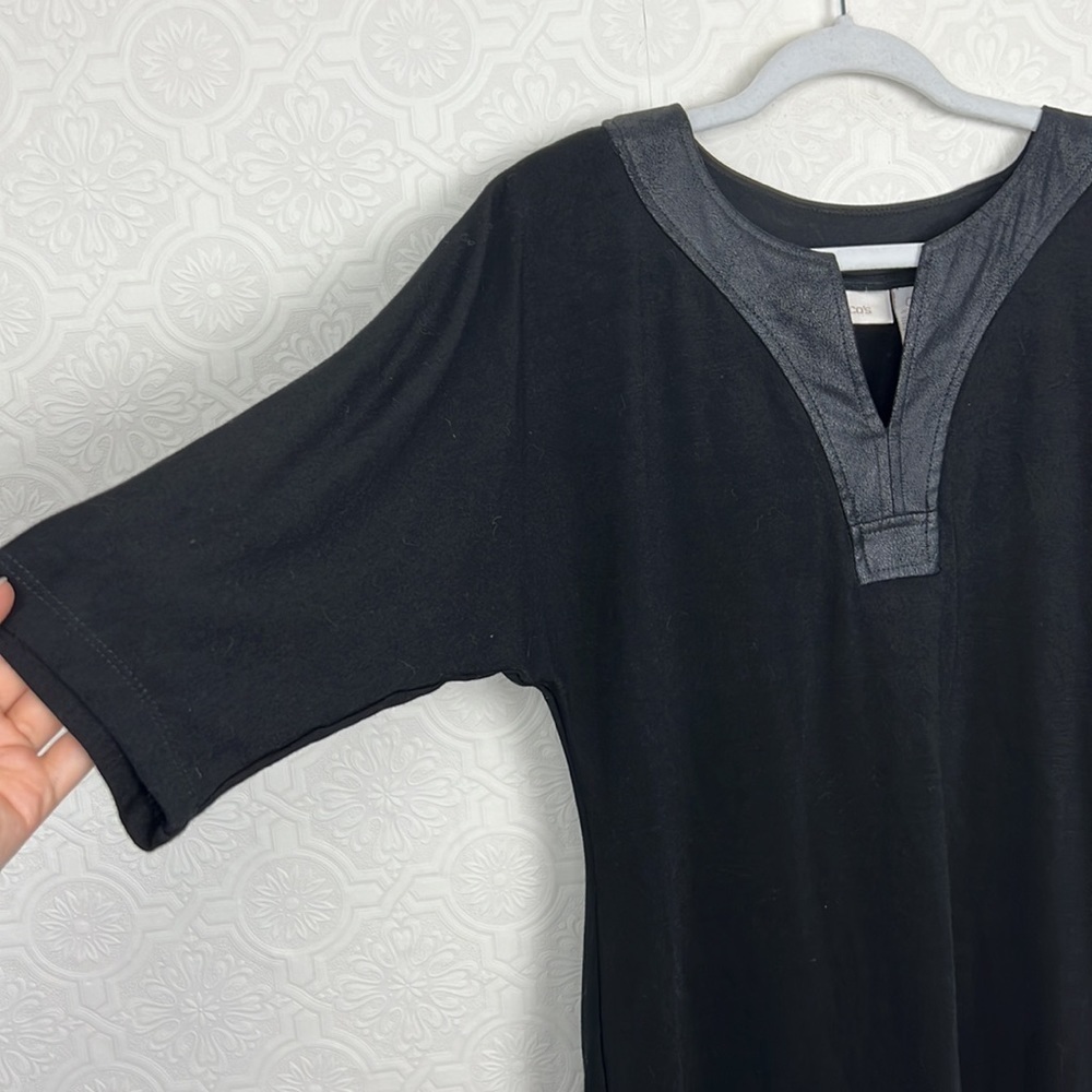 Chicos Tunic Black Shirt 3/4 Sleeve Blouse Vneck Casual Faux Leather